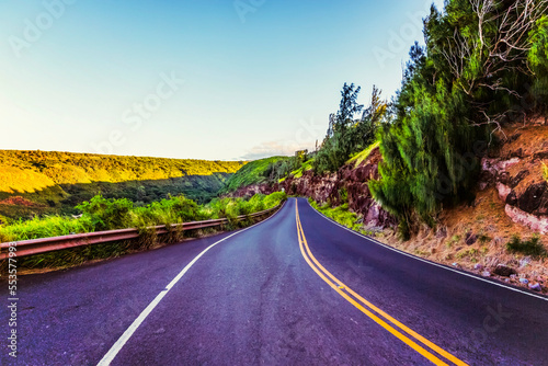 Honoapiilani Hwy, a winding road through the landscape covered with lush, green foliage; Maui, Hawaii, United States of America