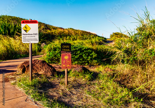 Sign warning of hazardous cliffs on the Ohai Trail; Maui, Hawaii, United States of America photo