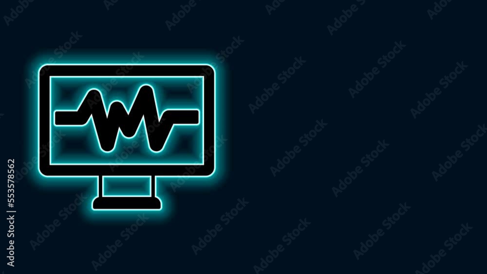 Glowing neon line Computer monitor with cardiogram icon isolated on black background. Monitoring icon. ECG monitor with heart beat hand drawn. 4K Video motion graphic animation