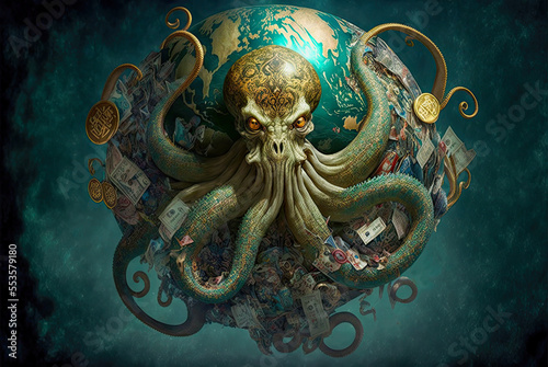 Evil greedy octopus taking over the world, money, cash, power. Generative AI photo