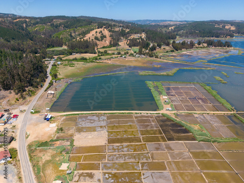 Aerial shot of Salinas de Cáhuil and Laguna Cáhuil (Pichilemu) – Chile  photo