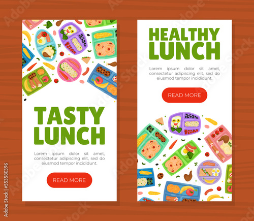 Tasty Lunch Box Banner Design with Healthy Meal for Kids Vector Template