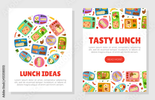 Tasty Lunch Box Banner Design with Healthy Meal for Kids Vector Template