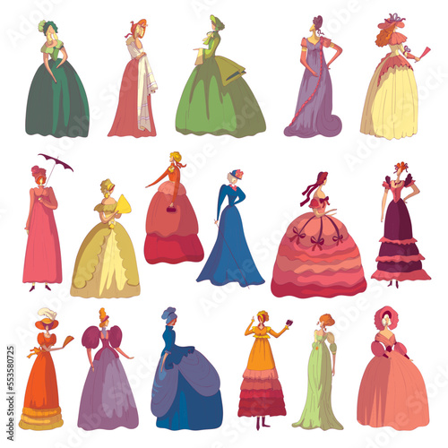 Madam Woman in Standing Pose Wearing Old-fashioned Dress or Ball Gown Big Vector Set