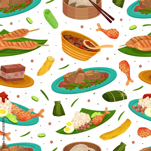 Malaysian Cuisine Seamless Pattern Design with Served Dish and Meal Vector Template