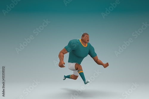 An athlete wearing a green shirt and white pants is runing. 3d rendering of cartoon character in acting.