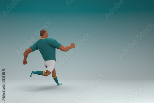 An athlete wearing a green shirt and white pants is runing. 3d rendering of cartoon character in acting.