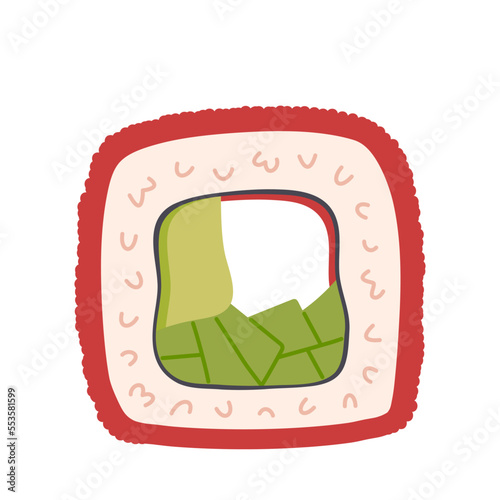 California maki. Sushi roll with rice, fresh cucumber, avocado and crab meat. Traditional Japanese food. Hand-drawn colored flat vector illustration isolated on white background.