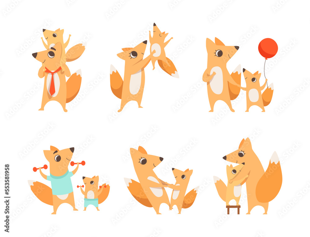 Loving Fox Mom and Dad Character with Its Cub Engaged in Different Activity Vector Set Loving Fox Mom and Dad Character with Its Cub Engaged in Different Activity Vector Set