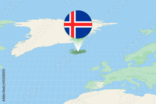 Map illustration of Iceland with the flag. Cartographic illustration of Iceland and neighboring countries.