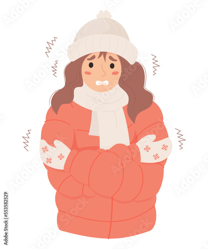 Unhappy woman freezing wearing winter clothes shivering. Cartoon flat vector illustration. Winter season and suffering of low minus degrees temperature