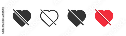 No heart outline icon. Remove from favorite symbol. No love, red slashed heart sign. Dislike concept. Web ui sign. Simple flat design.