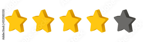 Isometric golden stars. Rating five stars. Vector gold stars to indicate the rating of products or films.