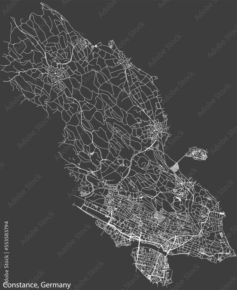Detailed negative navigation white lines urban street roads map of the German town of KONSTANZ, GERMANY on dark gray background
