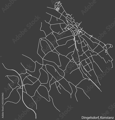 Detailed negative navigation white lines urban street roads map of the DINGELSDORF QUARTER of the German town of KONSTANZ, Germany on dark gray background photo