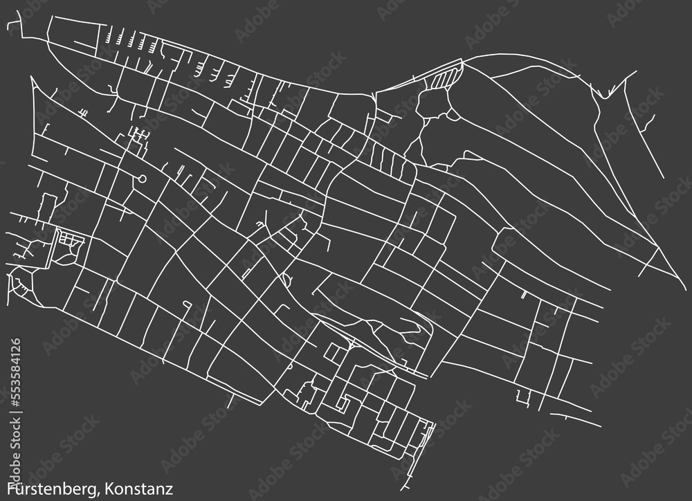 Detailed negative navigation white lines urban street roads map of the FÜRSTENBERG QUARTER of the German town of KONSTANZ, Germany on dark gray background