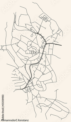Detailed navigation black lines urban street roads map of the ALLMANNSDORF QUARTER of the German town of KONSTANZ  Germany on vintage beige background