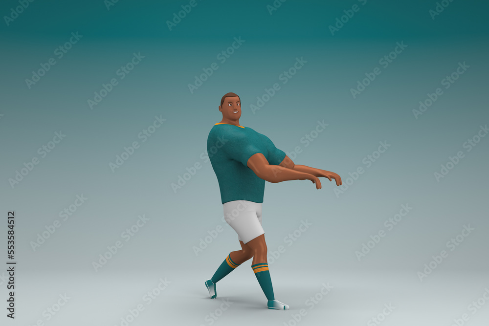 An athlete wearing a green shirt and white pants  is expression of hand when talking. 3d rendering of cartoon character in acting.