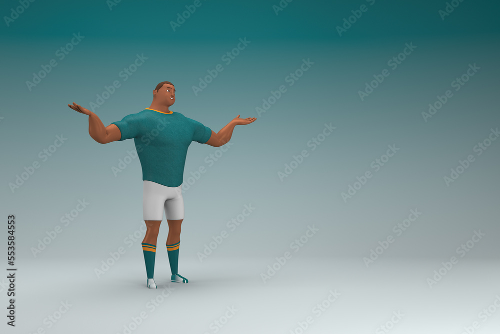 An athlete wearing a green shirt and white pants is expression of hand when talking. 3d rendering of cartoon character in acting. An athlete wearing a green shirt and white pants is expression of hand when talking. 3d rendering of cartoon character in acting.