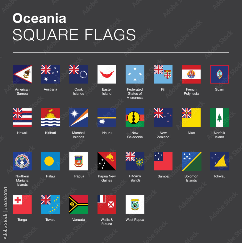 Square flags of Oceania Icon vector set includes all country flags