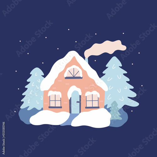 Cozy house in the forest among fir trees and snowdrifts, smoke is coming from chimney. Blue background. Snowing. Vector colorful illustration hand drawn. Winter holiday season. Card or poster