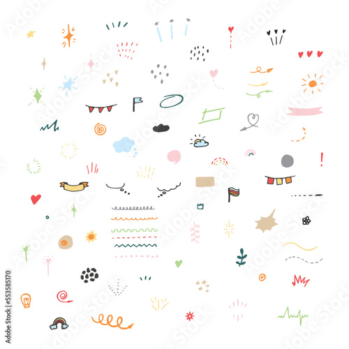 Multicolored simple hand-drawn decorative illustrations set. Doodles, stars, sparkles, hearts, decorations, frames, speech bubbles, arrows, check boxes, spiral, egg, light bulb. Vector illustration