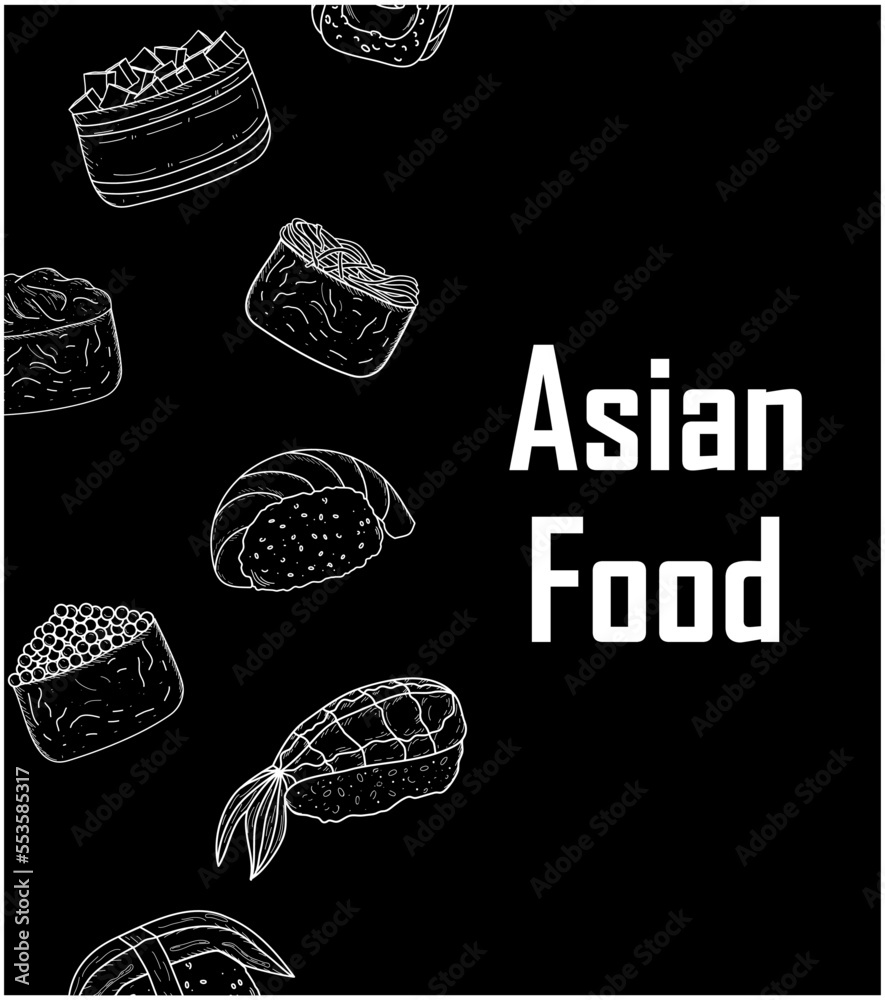 Asian food banner. Sushi and rolls are white. Rice and seafood. Vector stock illustration. Chalk emission. hand drawn Asian food banner. Sushi and rolls are white. Rice and seafood. Vector stock illustration. Chalk emission. hand drawn