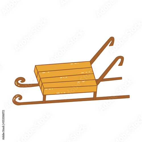 Wooden yellow sleigh. Colorful vector isolated illustration hand drawn doodle. Single sled, card or icon. Winter activity card, design element contour