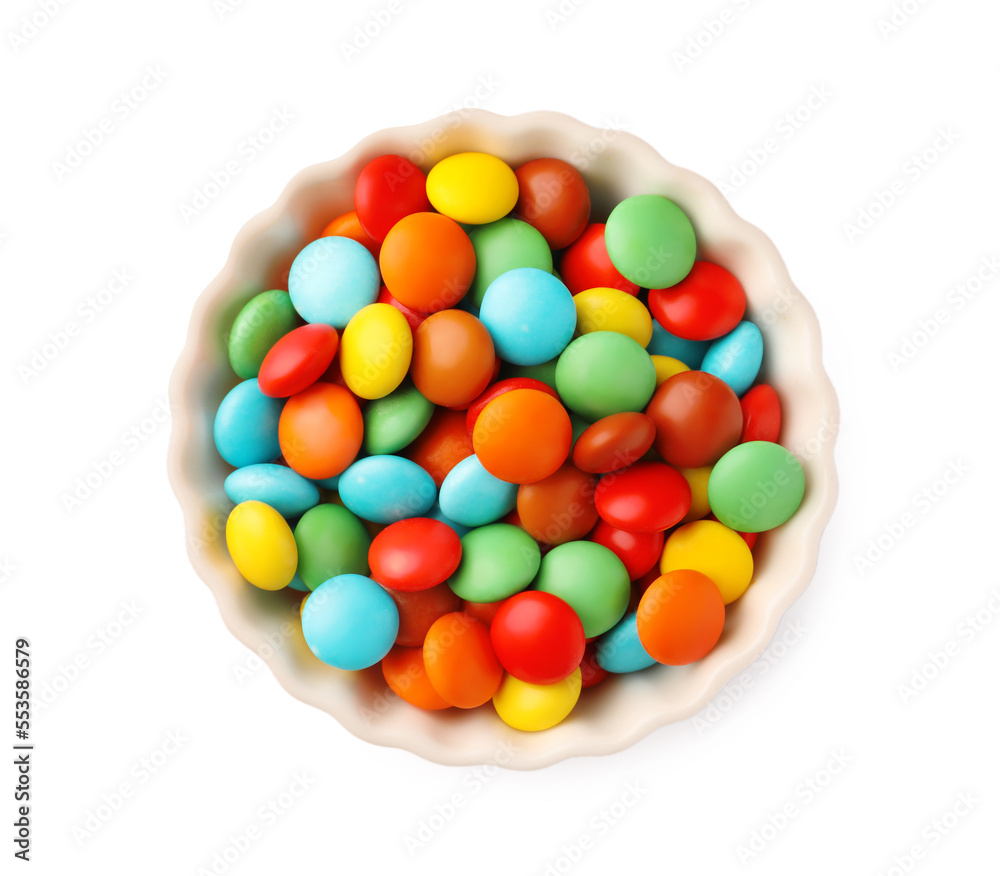 Bowl with colorful candies isolated on white, top view Bowl with colorful candies isolated on white, top view