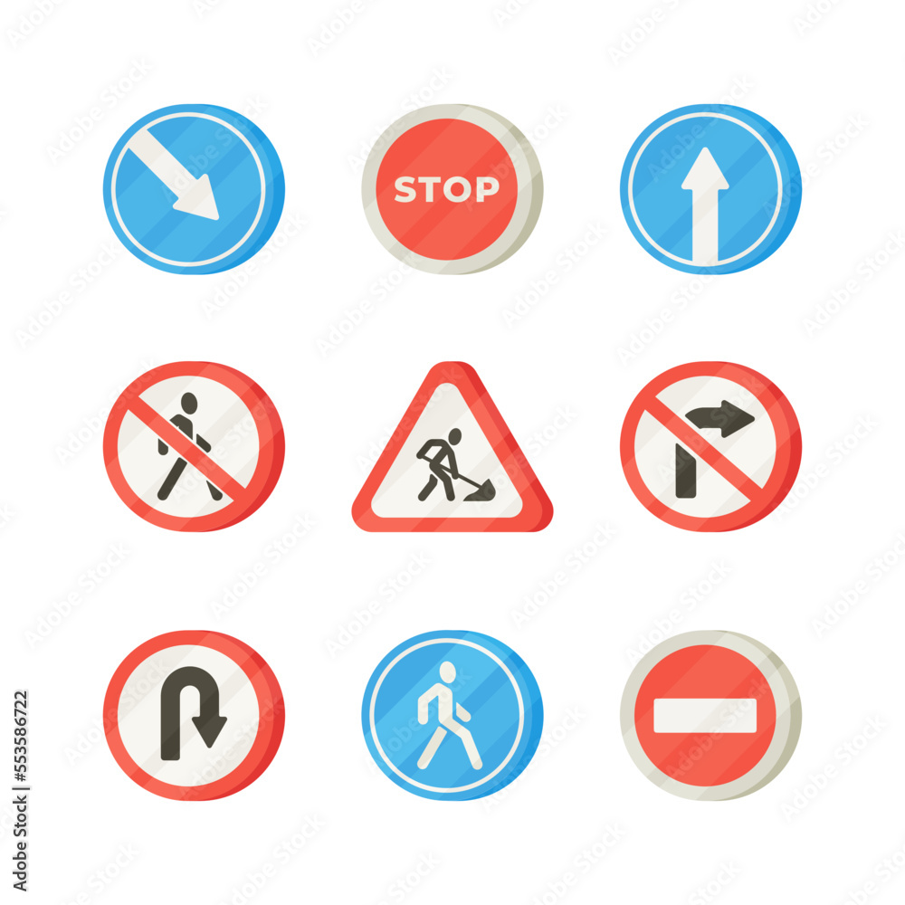 Illustration of various road signs isolated on a white background. Set of road signs, flat design, traffic safety. Illustration of various road signs isolated on a white background. Set of road signs, flat design, traffic safety.