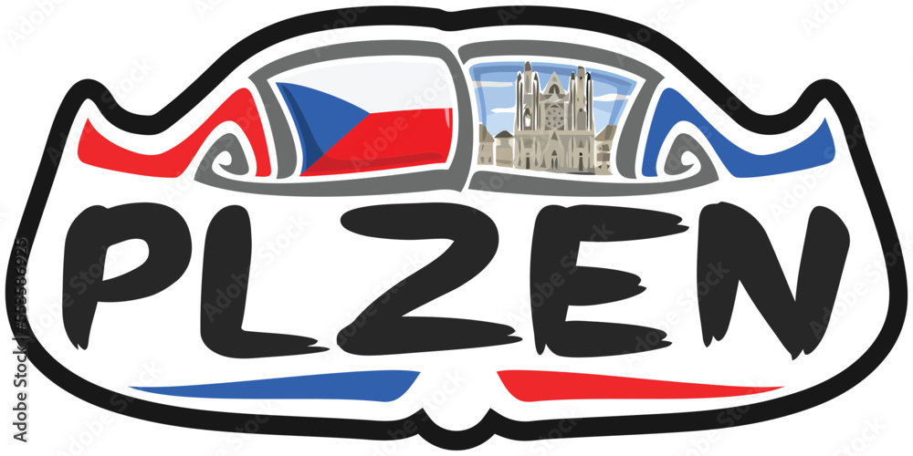 Plzen Czechia Flag Travel Souvenir Sticker Skyline Landmark Logo Badge Stamp Seal Emblem Coat of Arms Vector Illustration SVG EPS