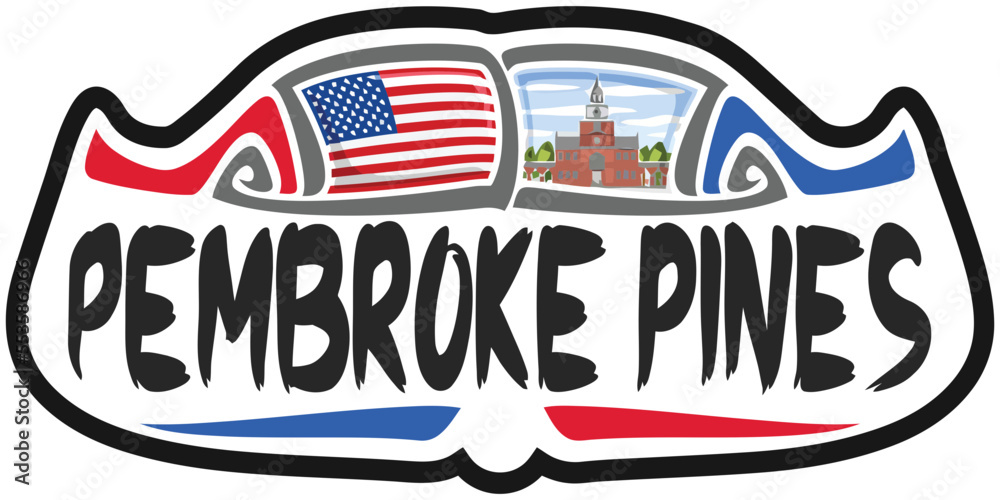 Pembroke Pines USA United States Flag Travel Souvenir Sticker Skyline Landmark Logo Badge Stamp Seal Emblem Coat of Arms Vector Illustration SVG EPS