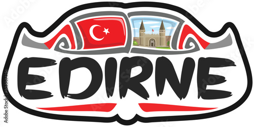 Edirne Turkey Flag Travel Souvenir Sticker Skyline Landmark Logo Badge Stamp Seal Emblem Coat of Arms Vector Illustration SVG EPS