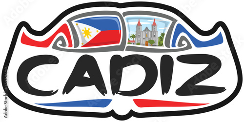 Cadiz Philippines Flag Travel Souvenir Sticker Skyline Landmark Logo Badge Stamp Seal Emblem Coat of Arms Vector Illustration SVG EPS