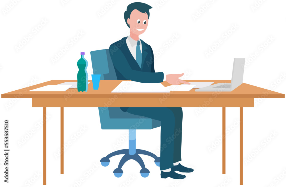 Businessman entrepreneur in suit sitting with computer at office desk doing tasks on laptop. Man works with business technologies at workplace. Male character works in management, entrepreneurship Businessman entrepreneur in suit sitting with computer at office desk doing tasks on laptop. Man works with business technologies at workplace. Male character works in management, entrepreneurship