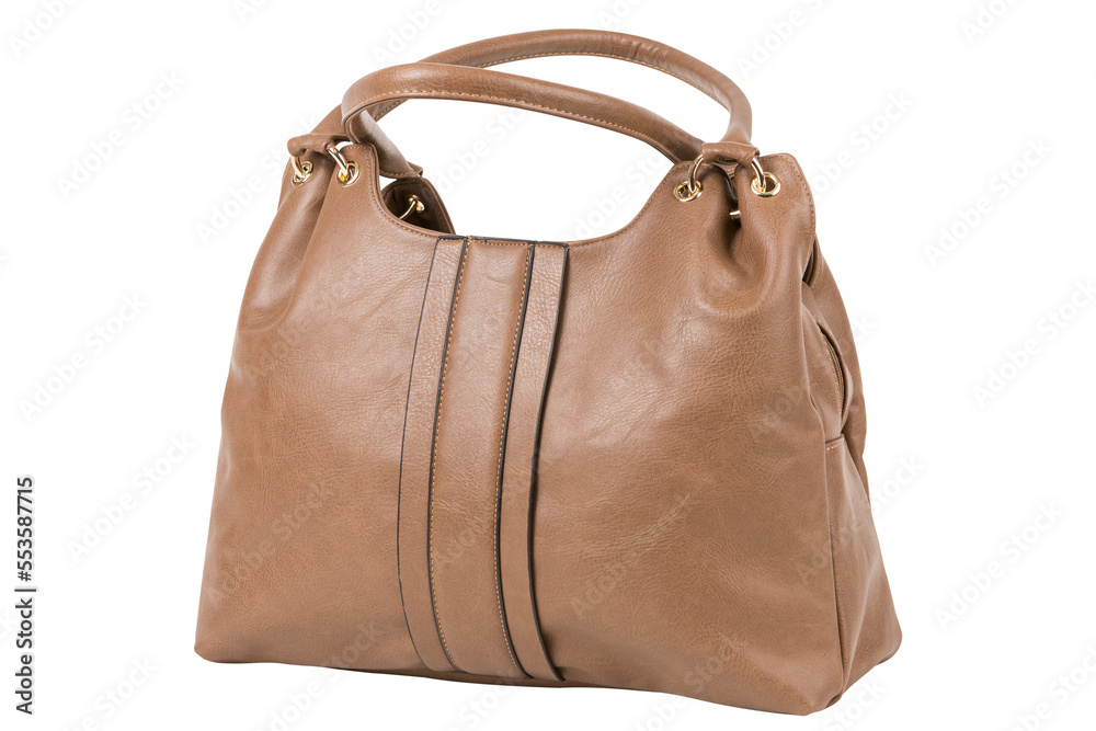 Soft leather women's brown bag, with two handles, on a white background, isolate Soft leather women's brown bag, with two handles, on a white background, isolate
