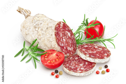 Cured salami sausage slices isolated on white background. Italian cuisine with full depth of field