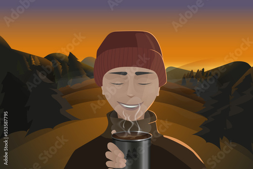 Man drinks coffee at sunset. Outdoor recreation. A man against the backdrop of an autumn landscape. Hot drink in nature during the cold season.
