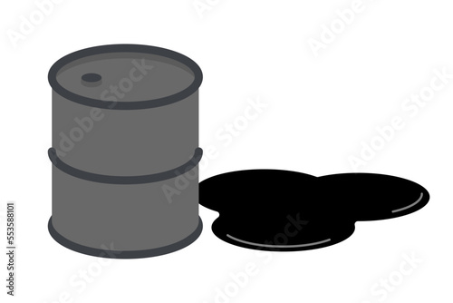Crude oil drum and spilled crude oil. Vector.