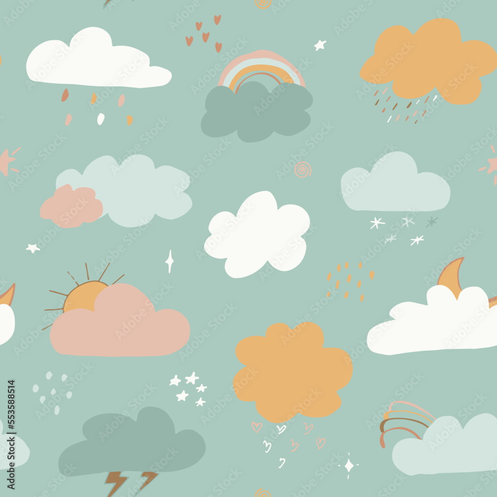 multicolored clouds stars sequins seamless pattern. Cute clouds seamless pattern, cartoon background with star dots, vector illustration