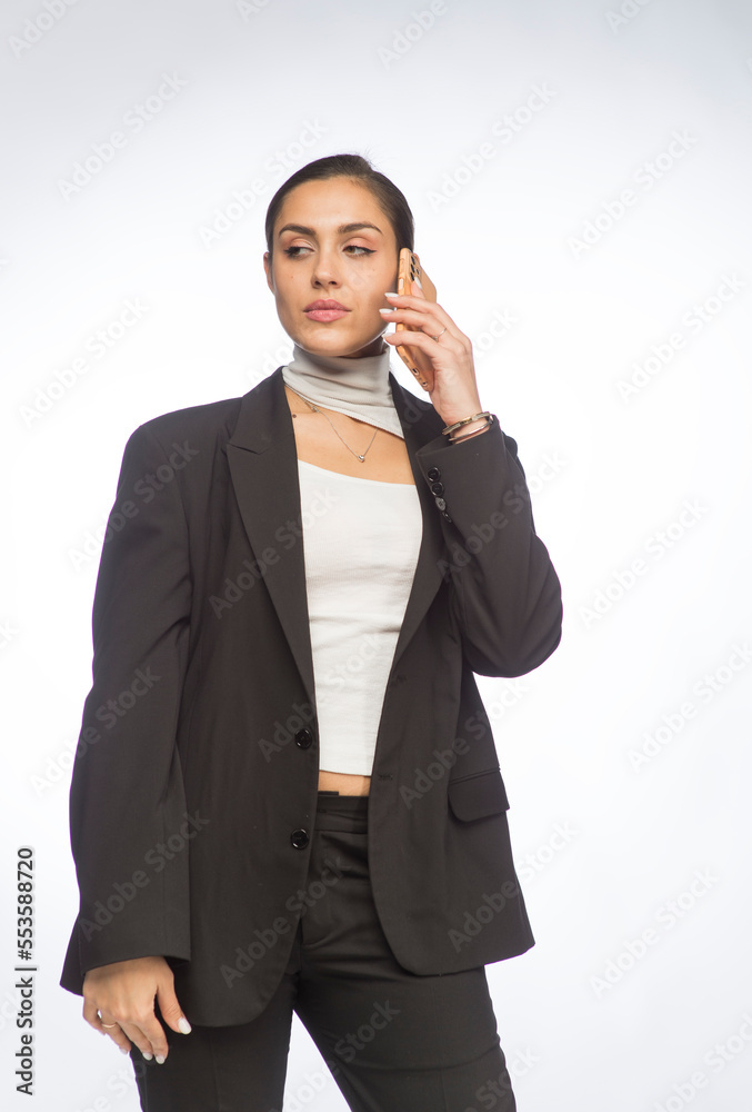 businesswoman emotionally talking on a smartphone on a white background isolated businesswoman emotionally talking on a smartphone on a white background isolated