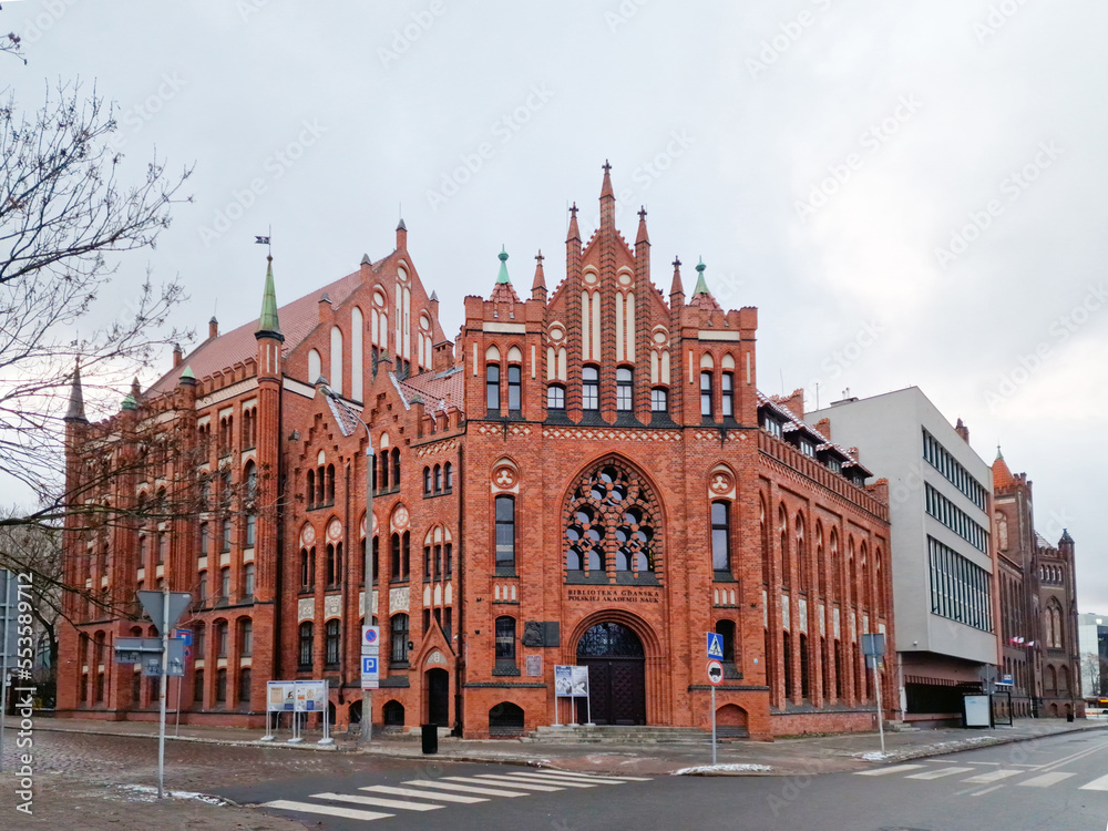 Historical building of library located in the center of Gdansk. Poland