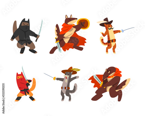 Warlike Animal Characters Fighting with Sword and Saber Wearing Cloak and Holding Shield Vector Set