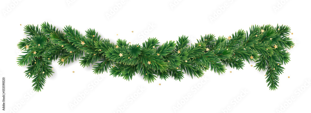 Fototapeta premium Christmas tree garland isolated on white. Realistic pine tree branches with golden confetti decoration.
