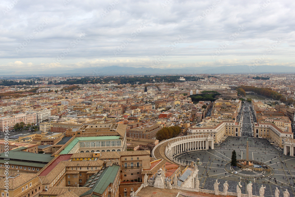 Saint Peter's Basilica, Vatican City. Italy.Panoramic views of the city of Rome from the dome of Saint Peter's Basilica