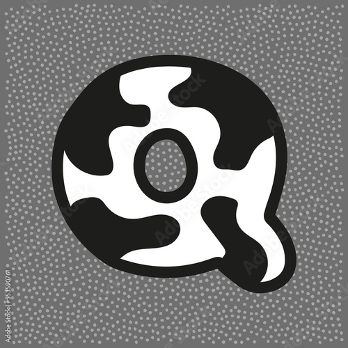 Cow style alphabet with black spots, letter Q