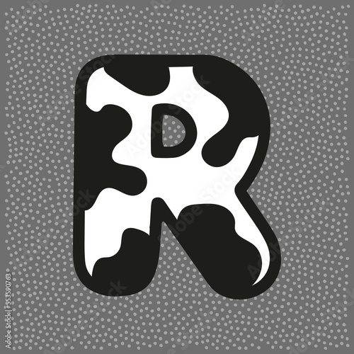 Cow style alphabet with black spots, letter R