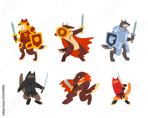 Warlike Animal Characters Fighting with Sword and Saber Wearing Cloak and Holding Shield Vector Set
