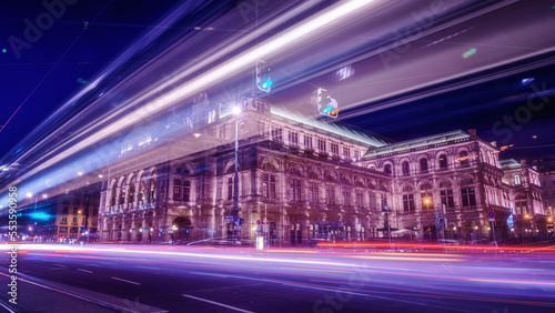 Long exposure of traffic lights and the beautiful building in Vienna city center