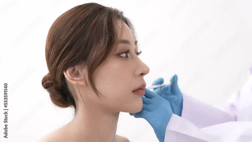 Beauty concept of 4k Resolution. Asian woman getting injection on face on white background.